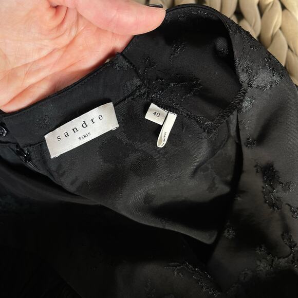 Sandro Wells Dress Black Jacquard Size 8 Long Sleeve Wrap Pleated Chic French - Picture 16 of 16